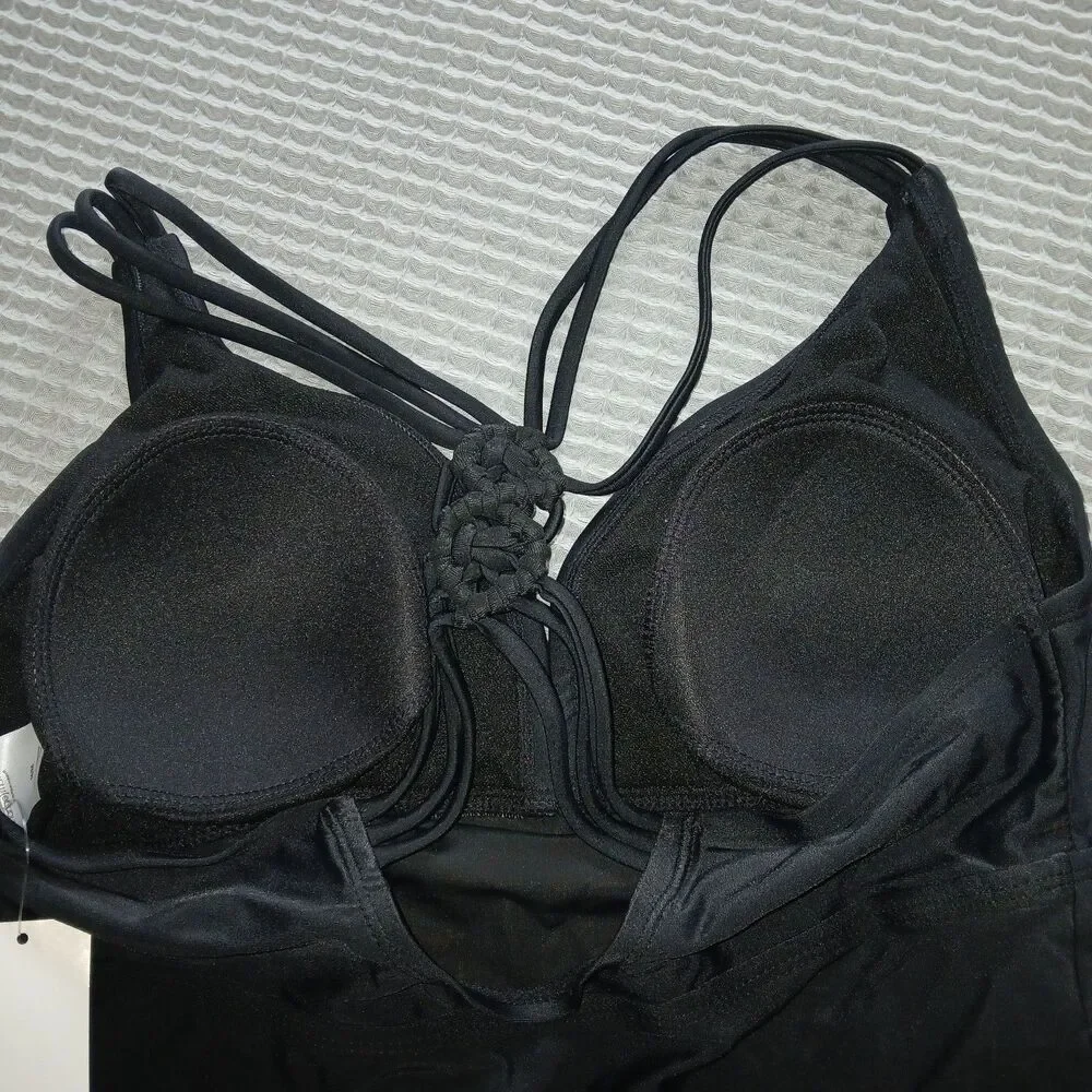 NWT LIZ LANGE Womens M Maternity Swim Tankini Braided Black Top ONLY Molded Cups